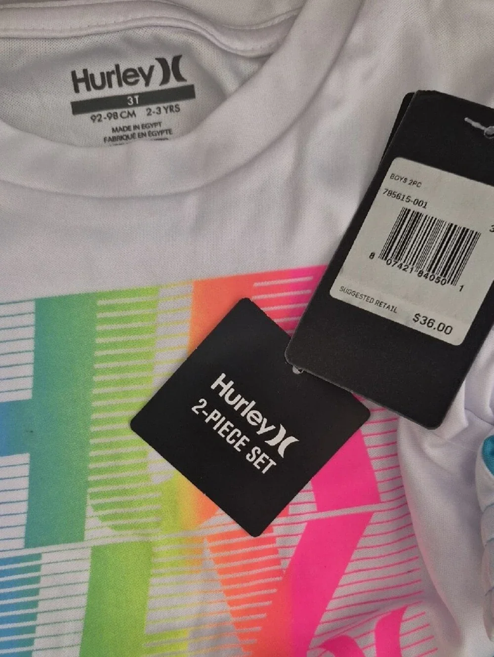 Hurley White Tee with Neon Graphic & Light Blue Shorts